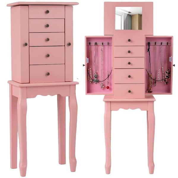 Costway Pink Wood Jewelry Cabinet with Mirror Armoire Storage