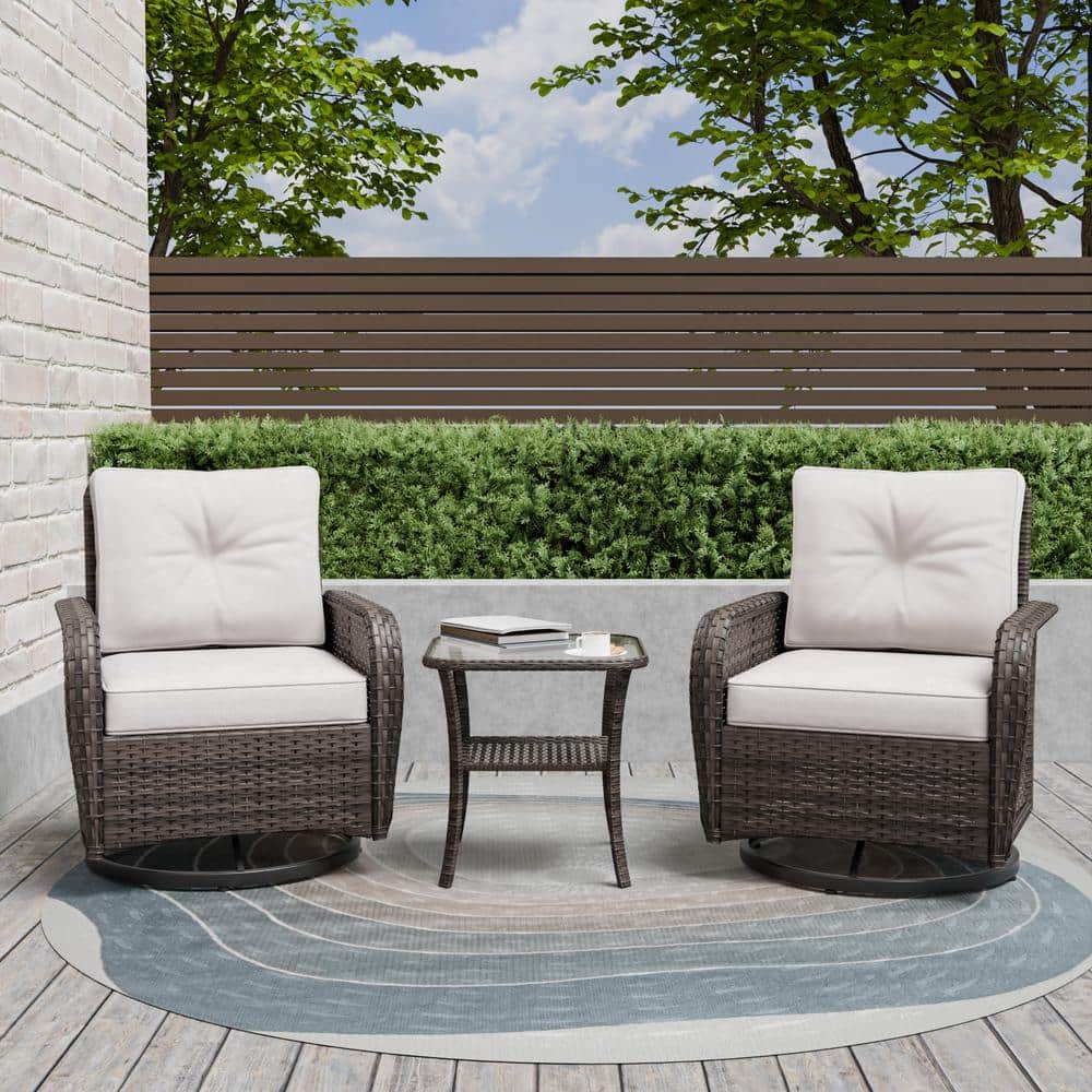 3-Piece Brown Wicker Outdoor Patio Conversation Set Swivel Rocking Chairs with Beige Cushions and Side Table with Shelf price history on PriceWatchPro