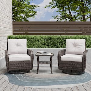 3-Piece Brown Wicker Outdoor Patio Conversation Set Swivel Rocking Chairs with Beige Cushions and Side Table with Shelf