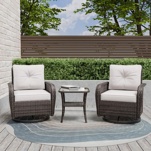 COOS BAY 3-Piece Brown Wicker Outdoor Patio Conversation Set Swivel Rocking Chairs with Beige Cushions and Side Table with Shelf