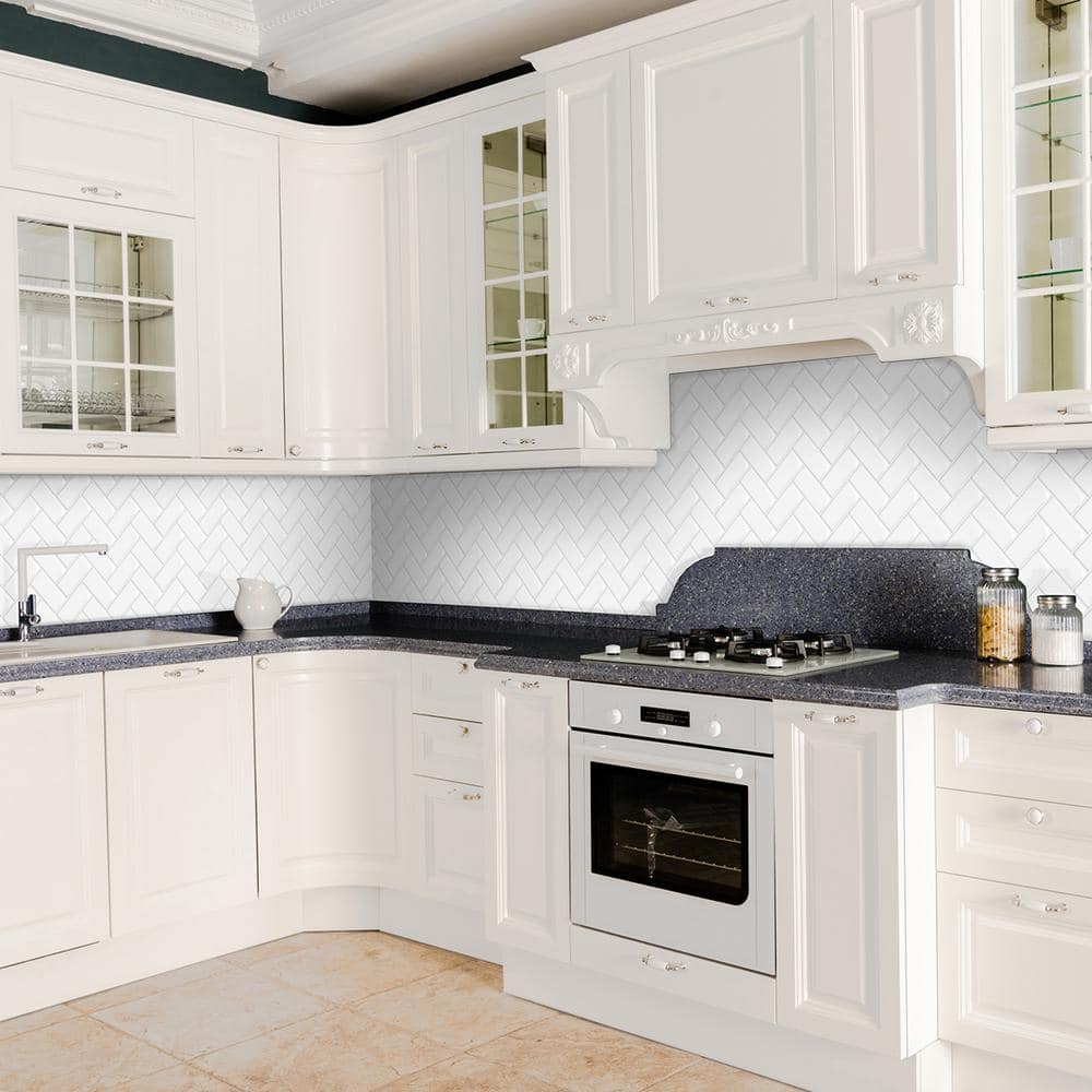 White 12" x 12" PVC Peel and Stick Herringbone Tile