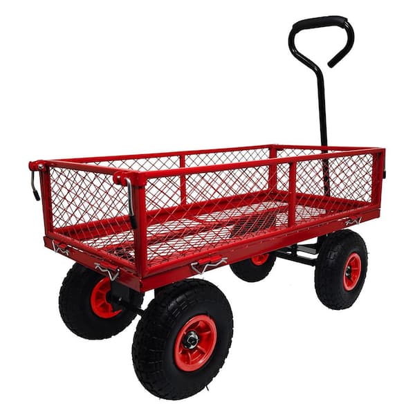 Miscool 3 cu. ft. Mesh Steel Frame Wagon Heavy Duty Push Garden Cart with Removable Sides for Outdoor Lawn Landscape in Red