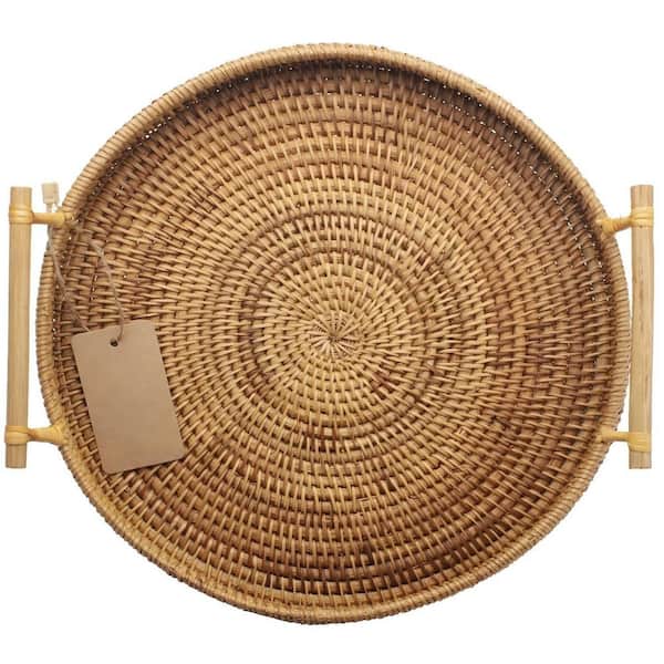 12.6 in. Woven Bread Basket with Handles, Rattan Round Serving Tray for Coffee Table and Breakfast