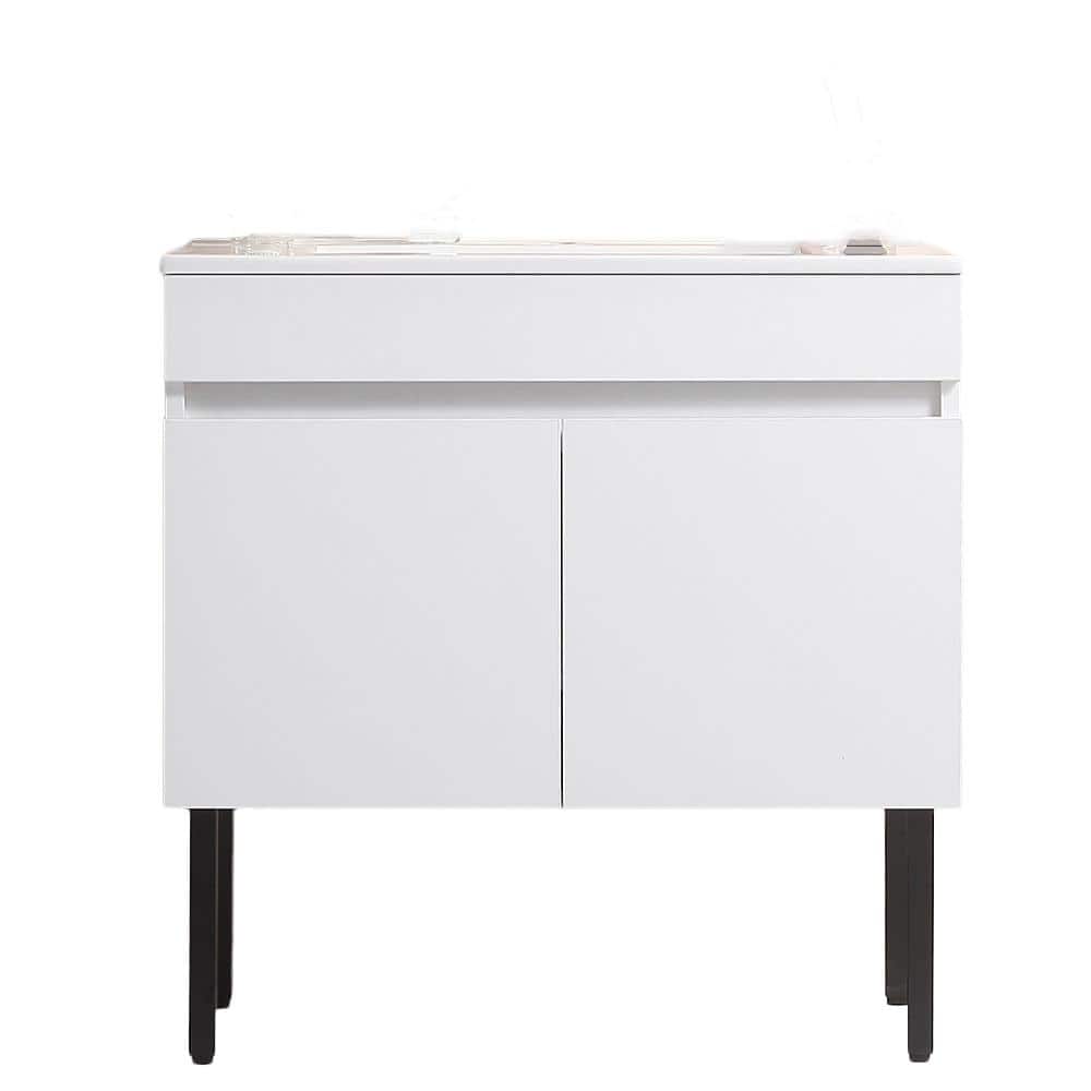 36 in. W x 18 in. D x 19 in. H Wall Mounted Bath Vanity with Leg, White Cer