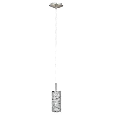 Croco 4 in. W 1-Light Satin Nickel Hanging Mini Pendant with Matte Black with White Grout Glass Shade