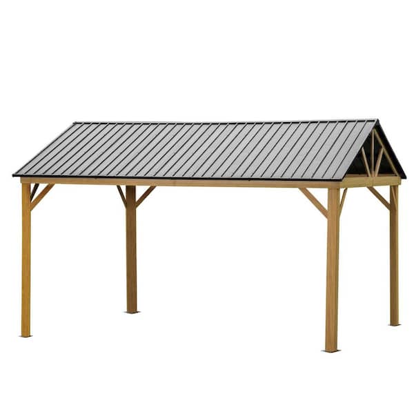 12 ft. W x 14 ft. L Outdoor Aluminum Hard Top Gazebo with Galvanized Steel Gable Canopy for Patio Backyard Yellow Brown