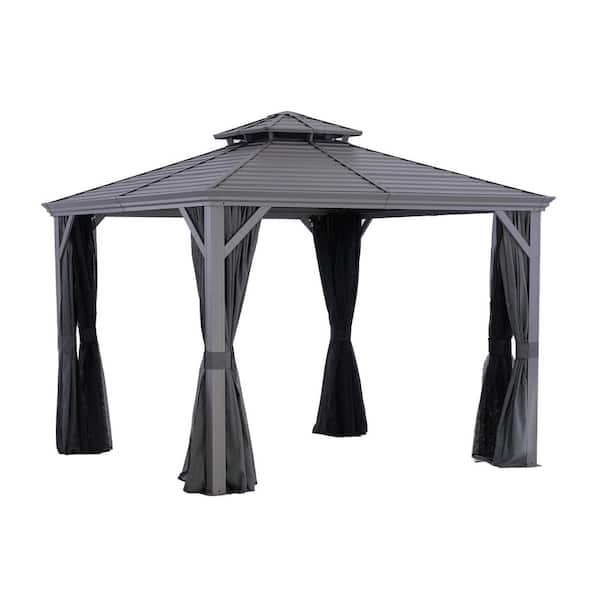10 ft. x 10 ft. Light Gray Aluminum Hardtop Gazebo with Double Roof Canopy, Gray Curtains and Netting