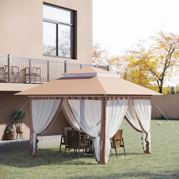 FORCLOVER 12 ft. x 12 ft. Brown Heavy-Duty Pop Up Canopy with Center Lift Hook Design