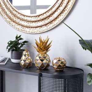 Gold Polystone Decorative Fruit Sculpture with Mirror Accents (Set of 3)