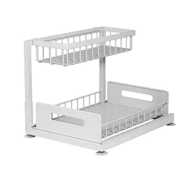 14.2 in. W x 10.6 in. H x 11.1 in. D Metal 2-Tier L-Shaped Slide Out Shelf in White, for Bathroom Under Sink, Kitchen