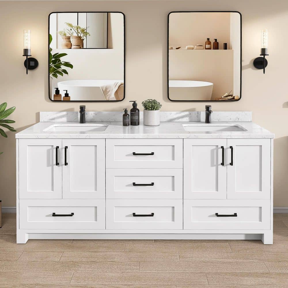 Solid Wood 72 in. Double Sinks White Freestanding Bath Vanity Cabinet with Carrara White Cultured Marble Top Assembled price history on PriceWatchPro