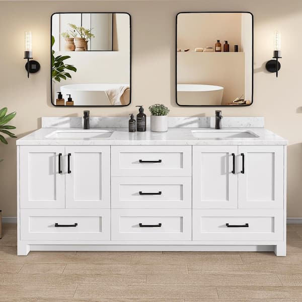 Solid Wood 72 in. Double Sinks White Freestanding Bath Vanity Cabinet with Carrara White Cultured Marble Top Assembled