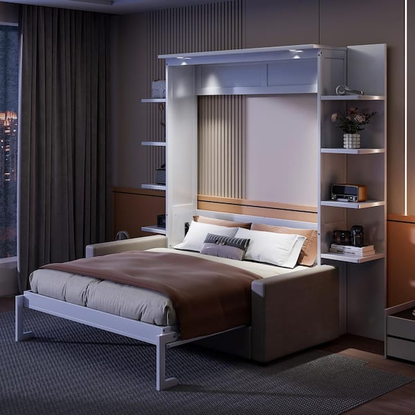 White Wood Frame Queen Murphy Bed Wall Bed with Sofa and Storage Shelves
