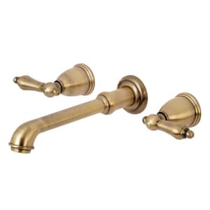 English Country 2-Handle Wall Mount Bathroom Faucet in Antique Brass