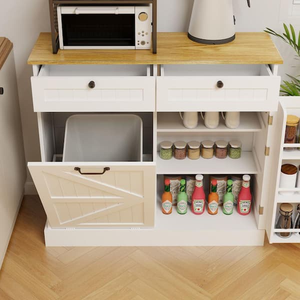 Kitchen Trash Can Storage Cabinet with 2 Drawers and 1 Tilt Out Trash Cabinet with storage rack and 2 Shelves in White