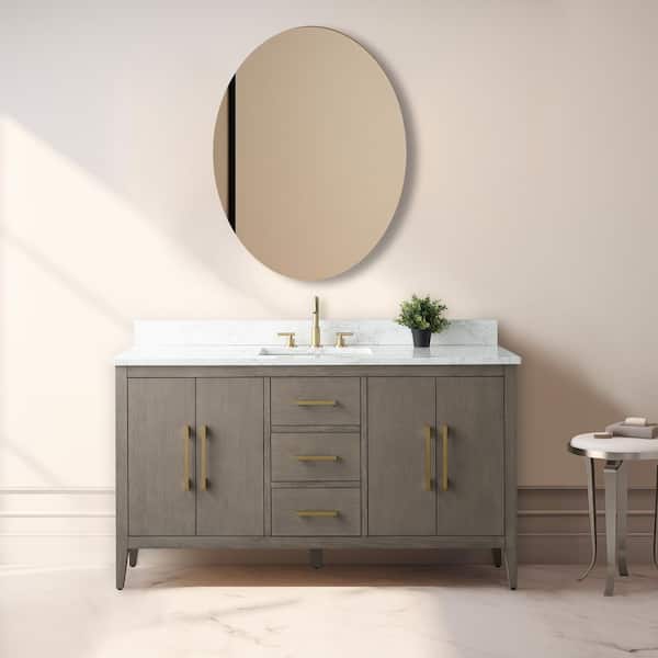 Vanity Art 60 in. W x 22 in. D x 34 in. H Single-Sink Bath Vanity in Driftwood Gray with Engineered Marble Top in Arabescato White