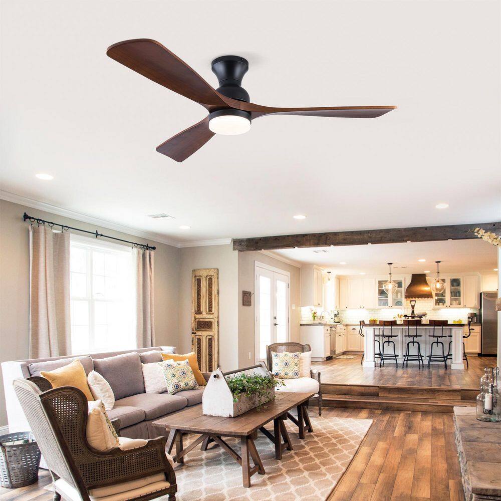 52 in. Matte Black Iron Wood Blades Standard Flush Mount Ceiling Fan with Lights and Remote Control, Quiet DC Motor price history on PriceWatchPro