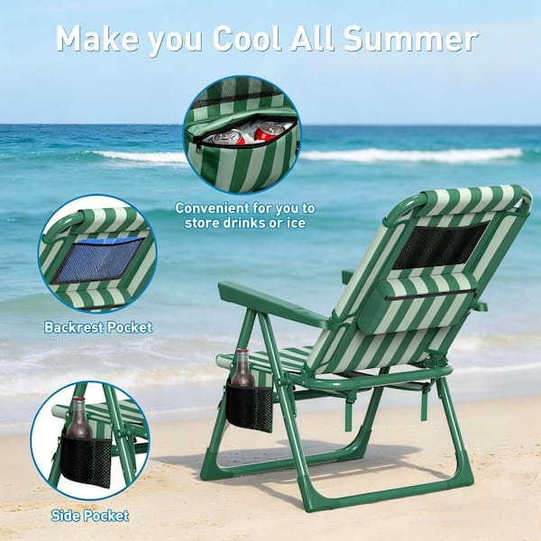 SUKLOM Folding Beach Chair Cup Holder, High-Back Recliner, 350 lbs