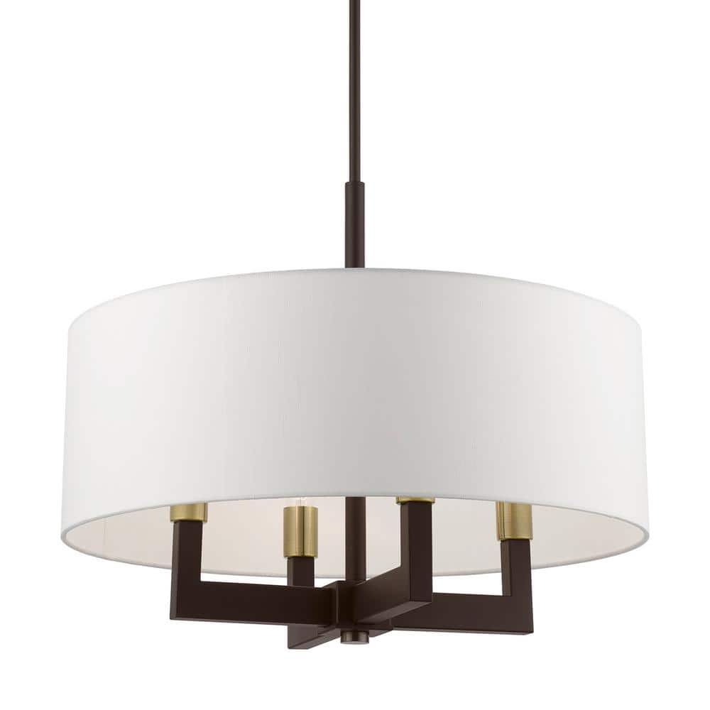 Bronze and Antique Brass 4-Light Chandelier with Off-White Shade