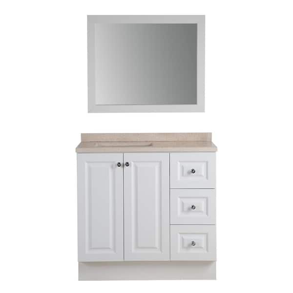 Glacier Bay Bannister 36 in. W Bathroom Vanity in White with Colorpoint Vanity Top in Maui with White Basin and Mirror