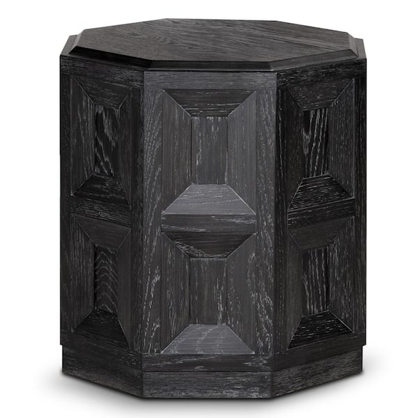 Flonnin 20 in. Weathered Black Hexagon Wood End Table with Ornamental Sunken Panels