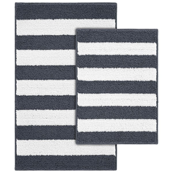 Beach Stripe Slate Blue/White Striped Polypropylene Washable Rectangle 2 Piece Bath Rug Set