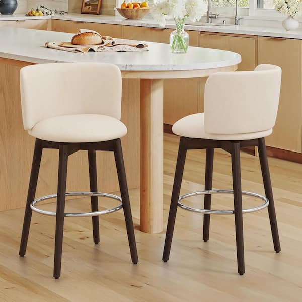 34.5 in. PTKL Lvory White Faux Leather Swivel Solid Wood Frame Bar stool Metal Footrest Counter Height Stool Set of 2