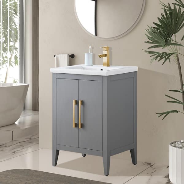 24 in. W x 18.5 in D x 34 in. H Single Sink Bathroom Vanity Cabinet in Cashmere Gray with Ceramic Top
