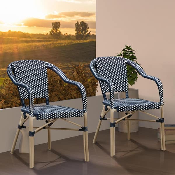 PURPLE LEAF Deep Blue Wicker Bistro Chair French Hand-Woven Arm Chairs for Outdoor Patio Indoor Dining Chairs (2-Pack)