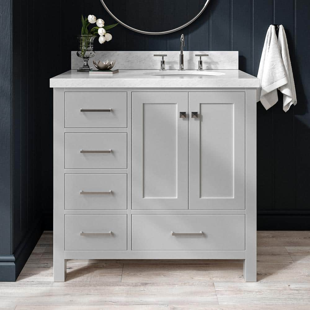 Cambridge 37 in. W x 22 in. D x 36 in. H Bath Vanity in Grey with Carrara White Marble Top -  ARIEL, A037S-R-VO-GRY