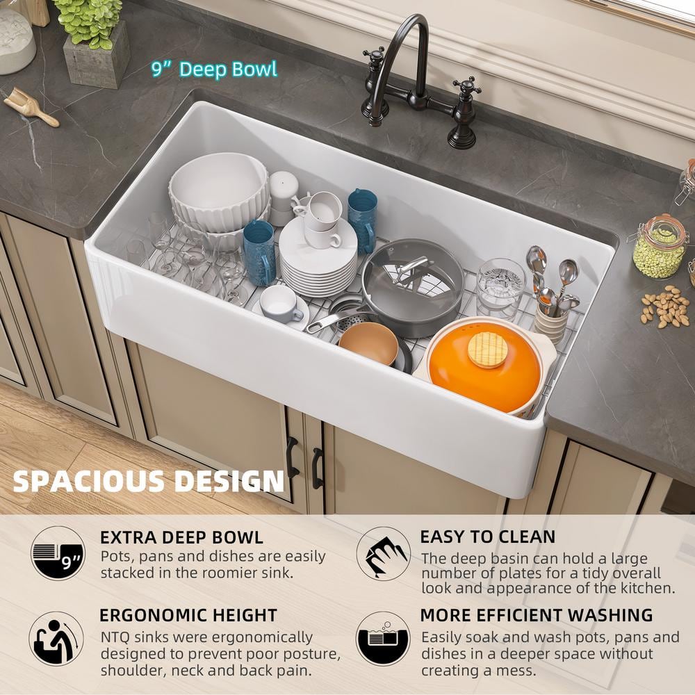 33" White Fireclay Farmhouse Apron-Front Kitchen Sink with Accessories