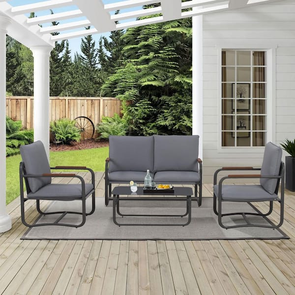 SUNVIVI 4-Piece Outdoor Deep Seating Conversation Sofa Patio Metal Furniture Set with Dark Gray Cushions