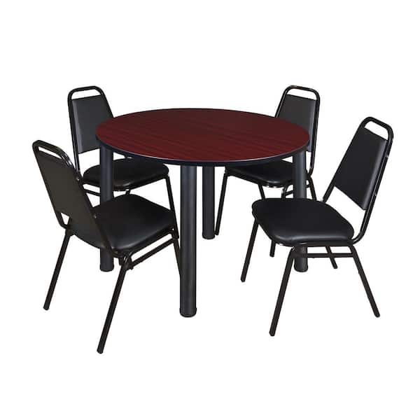 Regency Rumel 48 in.Round Mahagony and Black Wood Breakroom Table and 4 Restaurant Stack Chairs (4-Capacity)