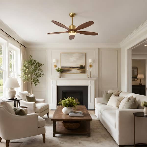 52 in. LED Indoor Downrod Modern Style Gold Ceiling Fan with Lighting Kit and Wooden Blades