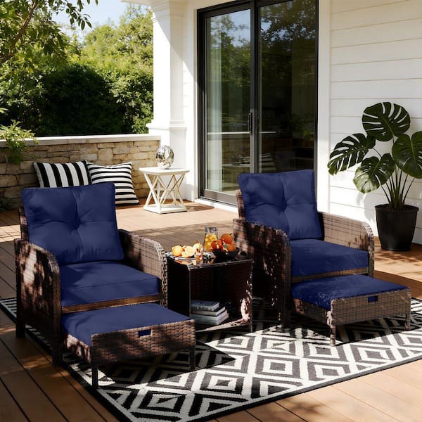 5-Piece Wicker Lounge Chair Outdoor Rattan Patio Conversation Set with Ottoman and Blue Soft Cushions