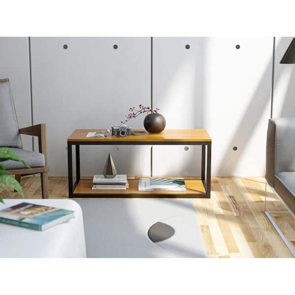 43 in. Powder Coating Black Frame and Rectangle Wood Laminate Top Coffee Table in Brown