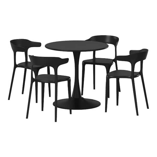 WESTIN OUTDOOR Frond and Form Outdoor Patio Modern 5-Piece Round HDPE Plastic Dining Table Set with Stackable Chairs, Black