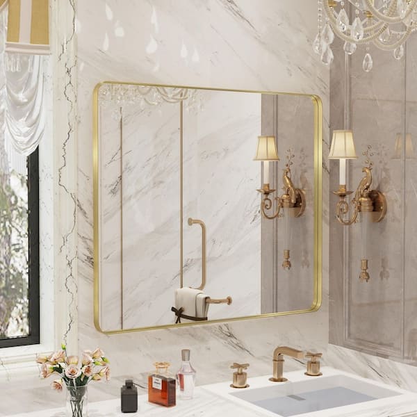 32 in. W x 36 in. H Premium Aluminum Framed Rectangular Bathroom Vanity Wall Mirror in Gold