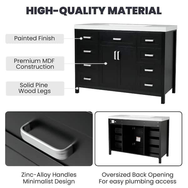 FAMYYT 48 in. W Single Sink Freestanding Black Solid Wood Frame
