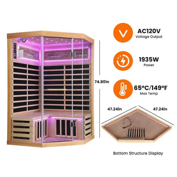 Moray 2-Person Indoor Pentagonal Infrared Sauna in Hemlock with 7 Far-Infrared Carbon Crystal Heaters and Glass Door