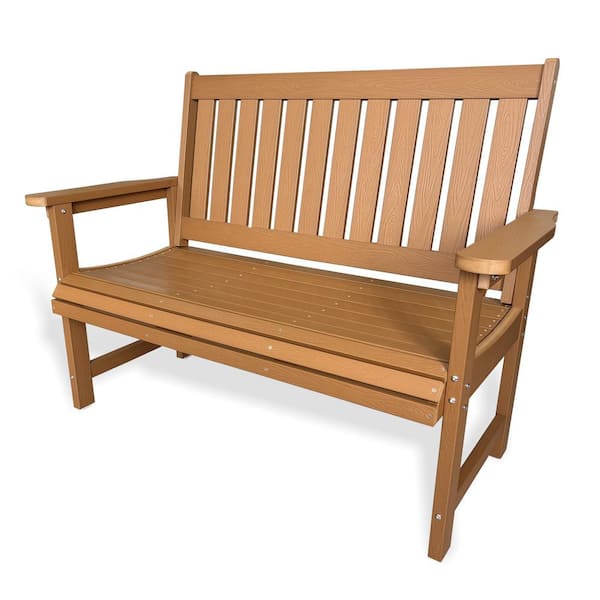 44 in. Poly Lumber Outdoor Bench, Teak Tone, HIPS Bench, for Patio, Porch, Garden, 700 lbs. Weight Capacity (2-Person)