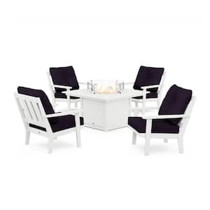 Oxford 5-Pieces Plastic Patio Fire Pit Deep Seating Set in White with Navy Linen Cushions