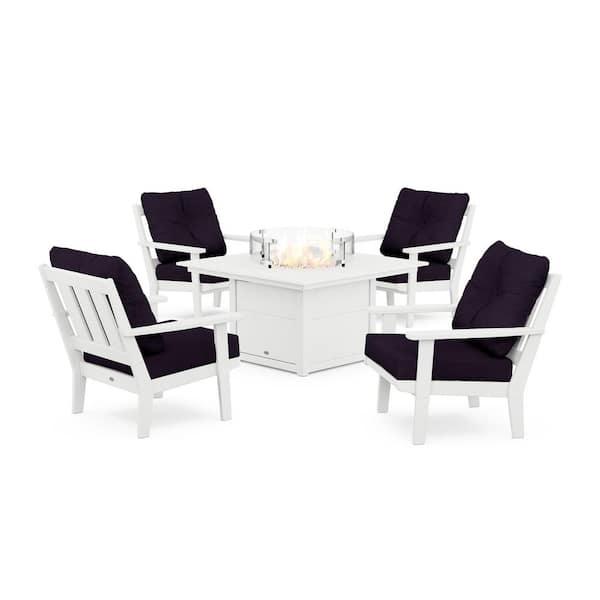 POLYWOOD Oxford 5-Pieces Plastic Patio Fire Pit Deep Seating Set in White with Navy Linen Cushions