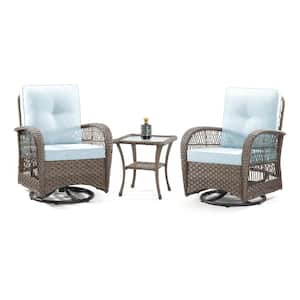 3-Piece Wicker Outdoor Swivel Rocking Chairs Patio Conversation Set with Light Blue Cushions for Porch Deck Garden