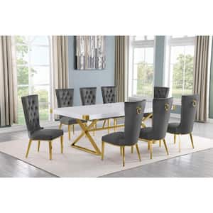 Miguel 9-Piece Rectangle White Wood Top Gold Stainless Steel Dining Set with 8 Dark Gray Velvet Chairs