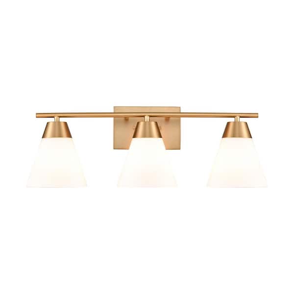 Titan Lighting Vernon 24 in. W 3-Light Brushed Gold Vanity Light with Glass Shades