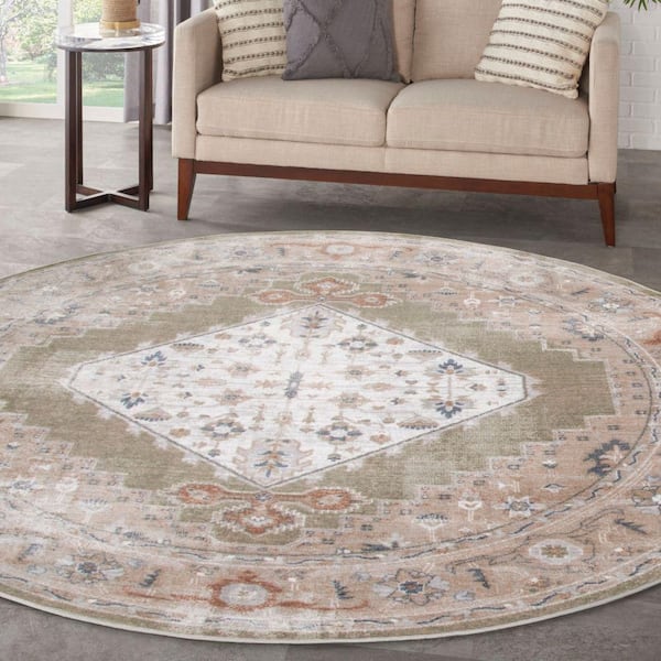 Sage Multicolor 8 ft. x 8 ft. Distressed Traditional Round Astra Machine Washable Area Rug