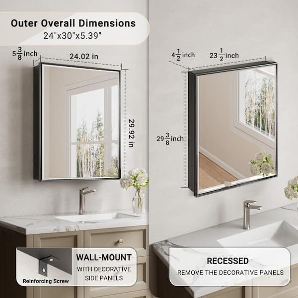 Musey 24 in W x 30 in H Black Rectangular Aluminum Medicine Cabinet with Beveled Mirror and Shelves, Recessed or Surface