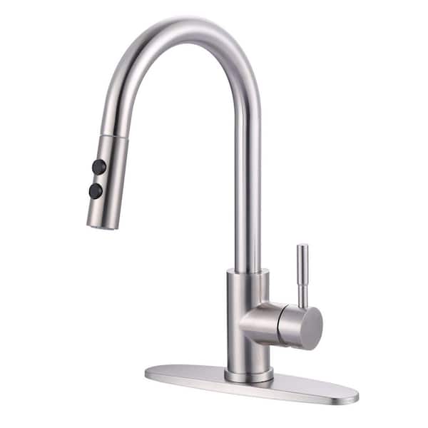 15.6 in. 2-Mode Single Handle Stainless Steel Pull Down Sprayer Kitchen Faucet with 360° Swivel Spout in Brushed Nickel