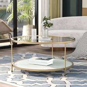 33.5 in. W Modern Design Round Black Coffee Table, 2-Tier End Table With White Tempered Glass Top